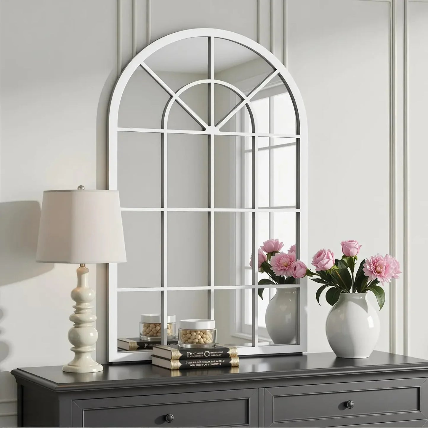 Arched Wall Mirror With Iron Frame For Entryway And Vanity