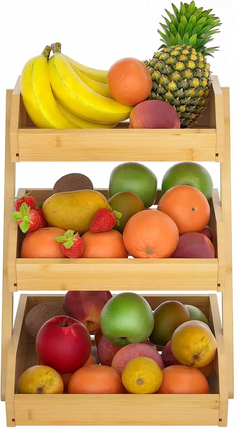 Three-Tier Bamboo Fruit Basket Stand for Countertop Display