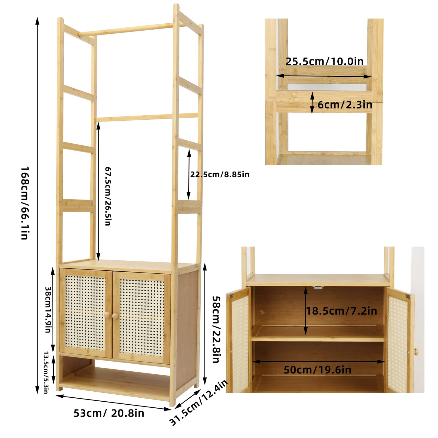 Free-Standing Bamboo Clothes Rack With Cabinet And Shelves
