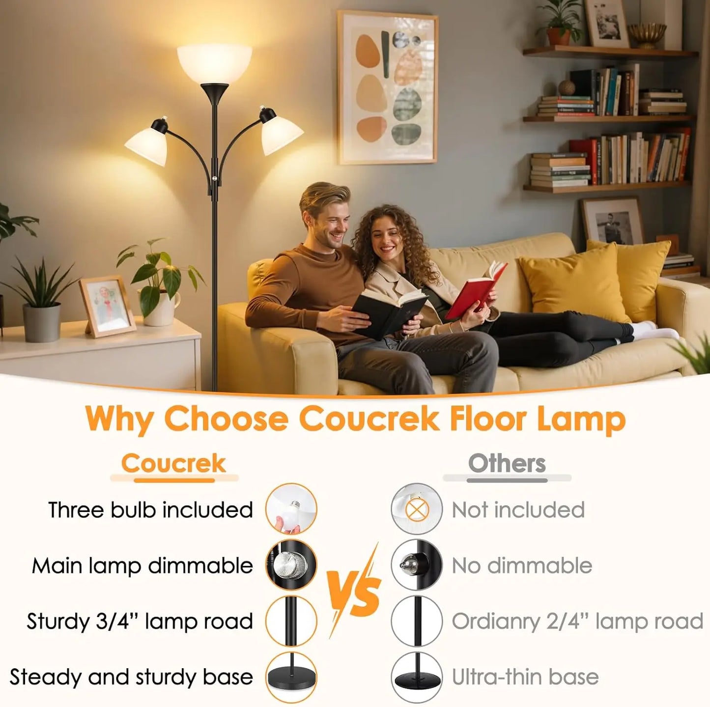 Dimmable Floor Lamp With Two Reading Lights For Living Room