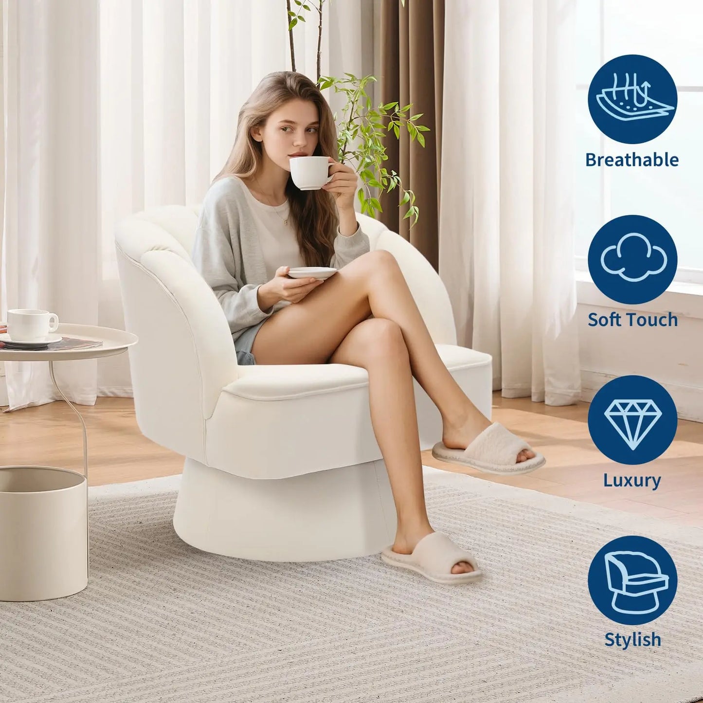 HiMISS Velvet Swivel Barrel Chair With Plush Padding Striped Backrest