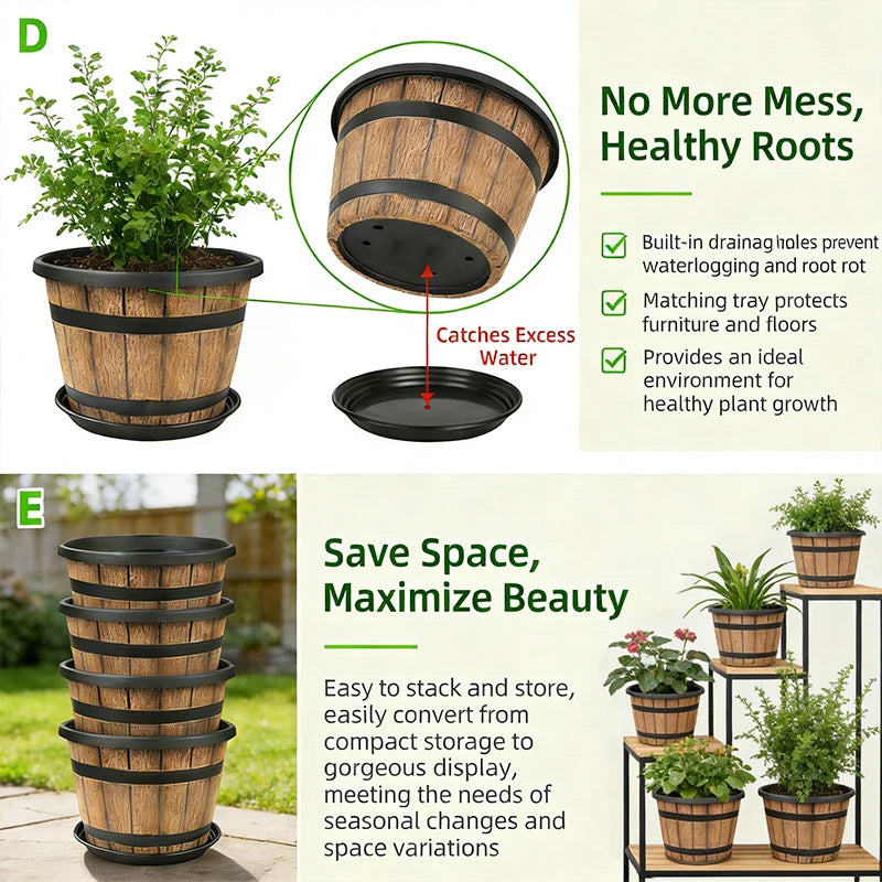 Indoor Resin Barrel Planter for Balcony and Home Office