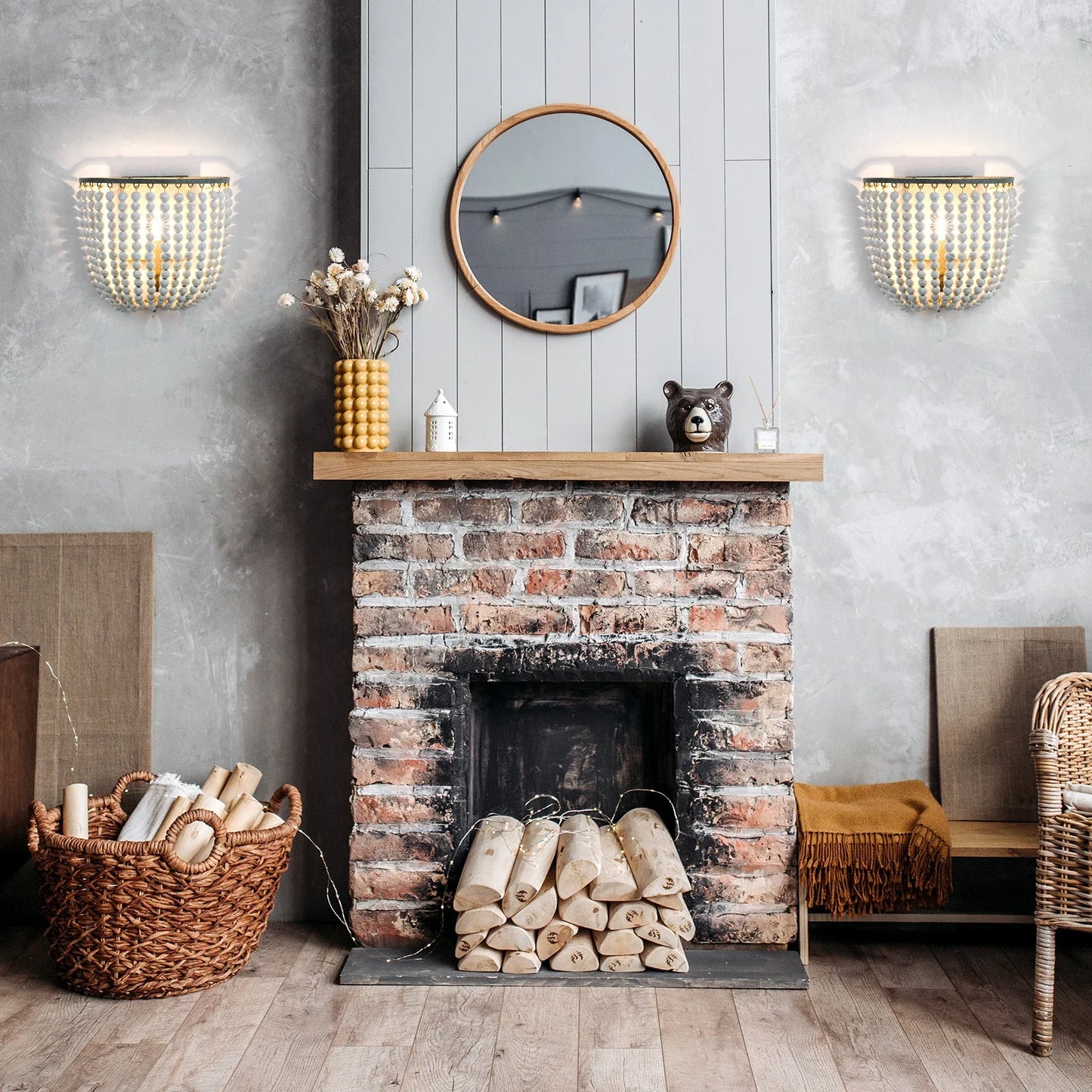 Industrial Retro Wood Beads Wall Light E14 Fixture