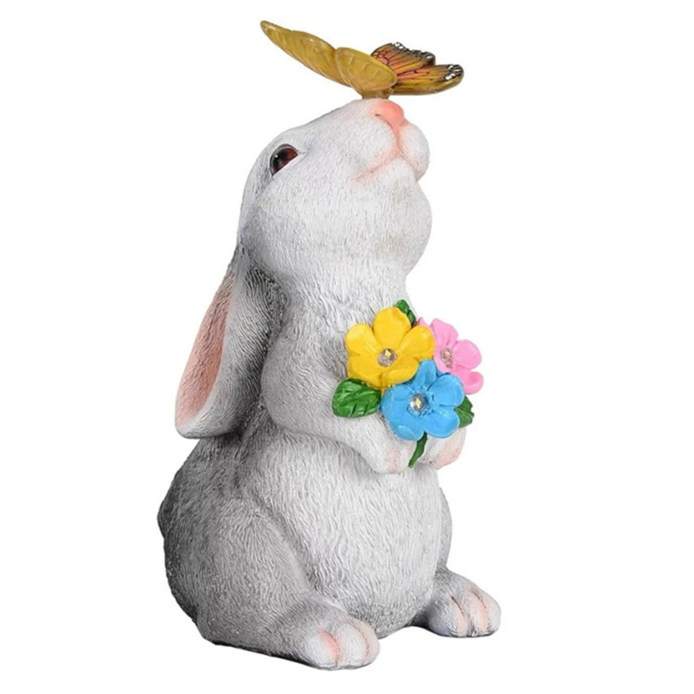 Solar Bunny Statue Garden Decor With Butterfly LED Light