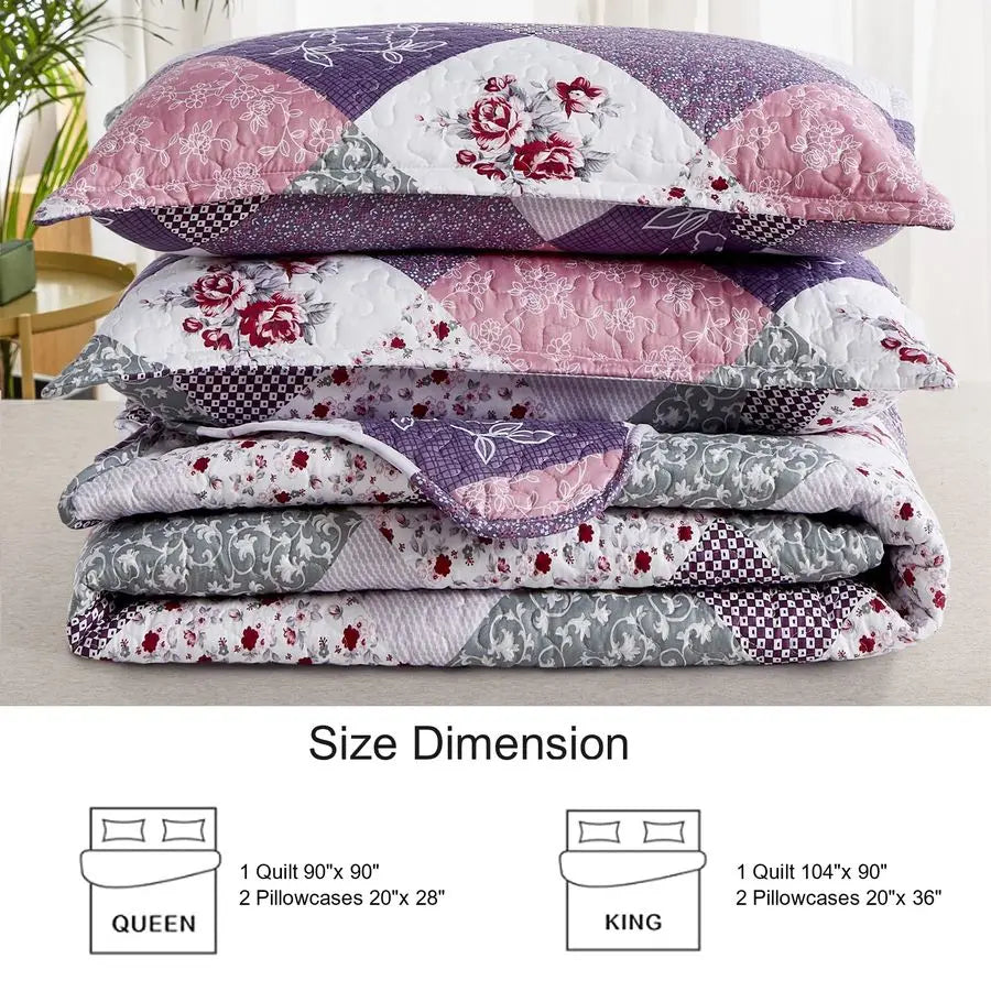 Floral Patchwork Quilt Set Reversible Microfiber Bedding for Bedroom