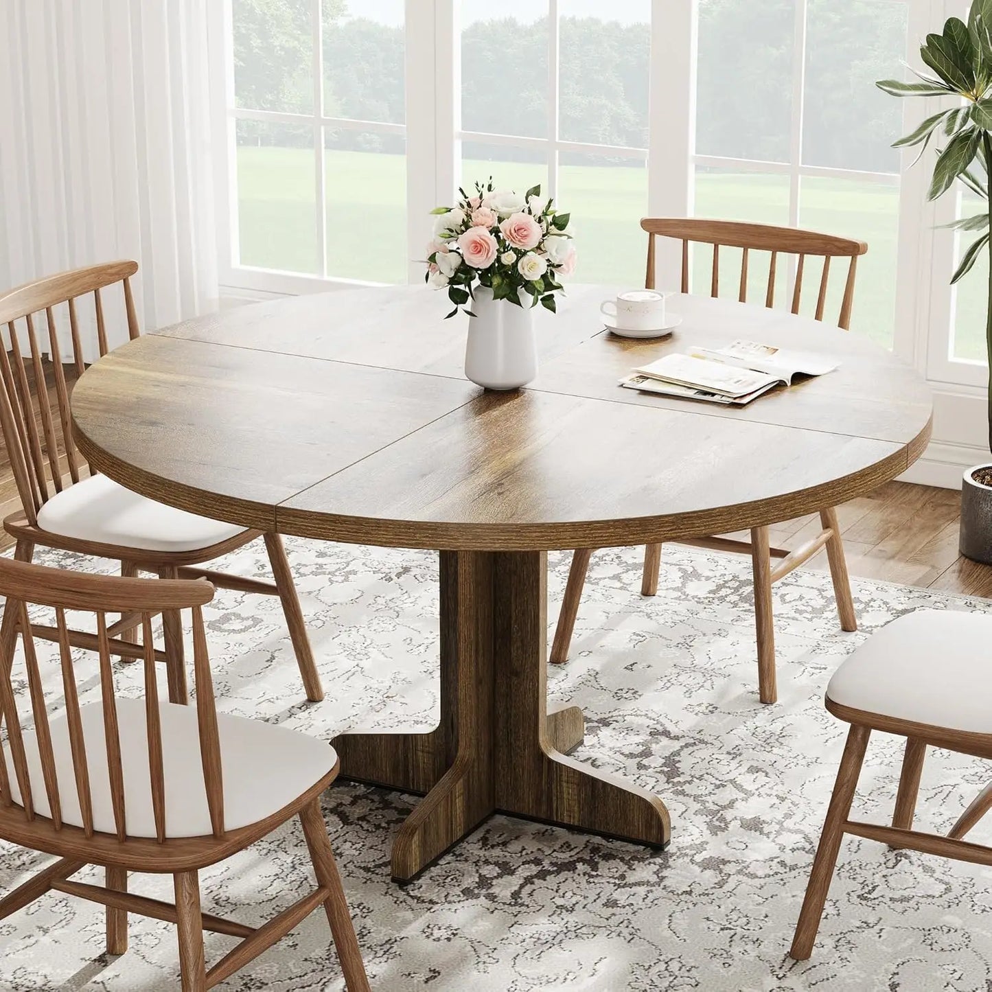 Studyset Farmhouse Round Dining Table With Wood Top And Stable Base