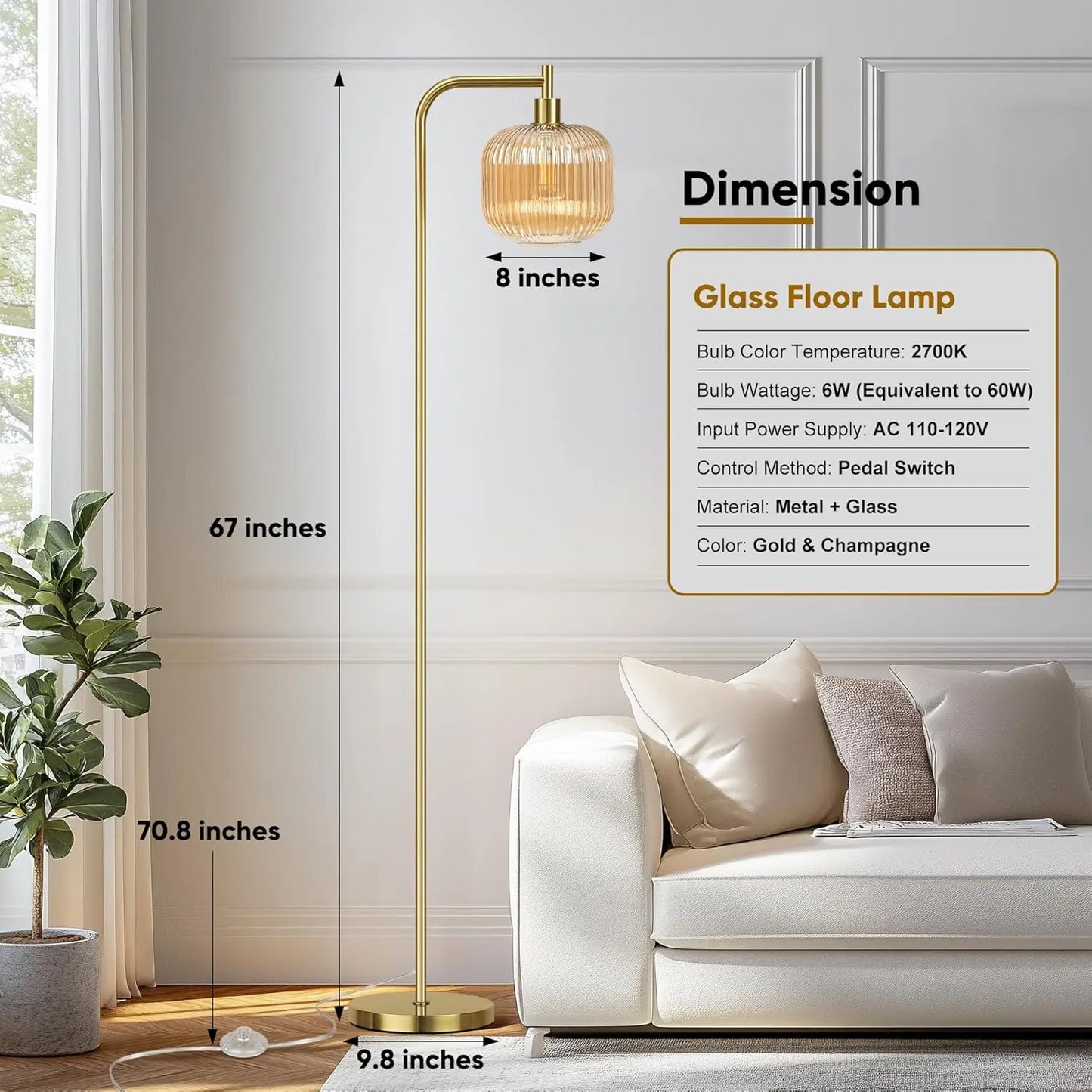 Modern Glass Floor Lamp with Ribbed Champagne Shade, Brushed Gold Finish, 67" Tall for Living Room & Bedroom