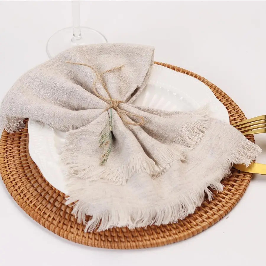 Cloth Napkins with Fringe,18 x 18 Inches Cotton Linen Napkins Set of 12 Versatile Handmade Square Rustic Fringe Napkins for Dinn