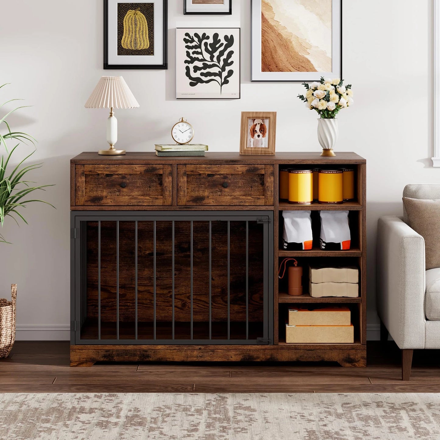 HiMISS Dog Crate Furniture TV Stand With Drawers And Shelves
