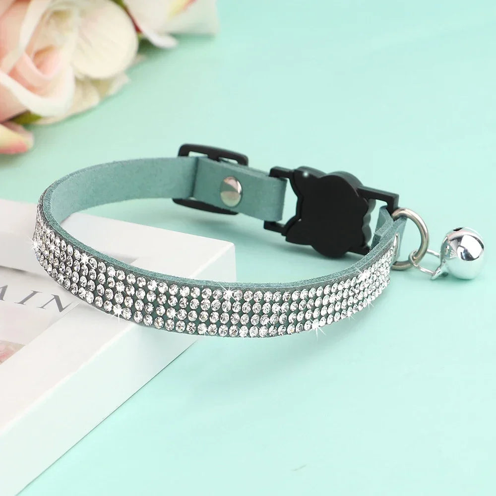 Soft Suede Cat Collar With Rhinestones And Bell Breakaway Adjustable