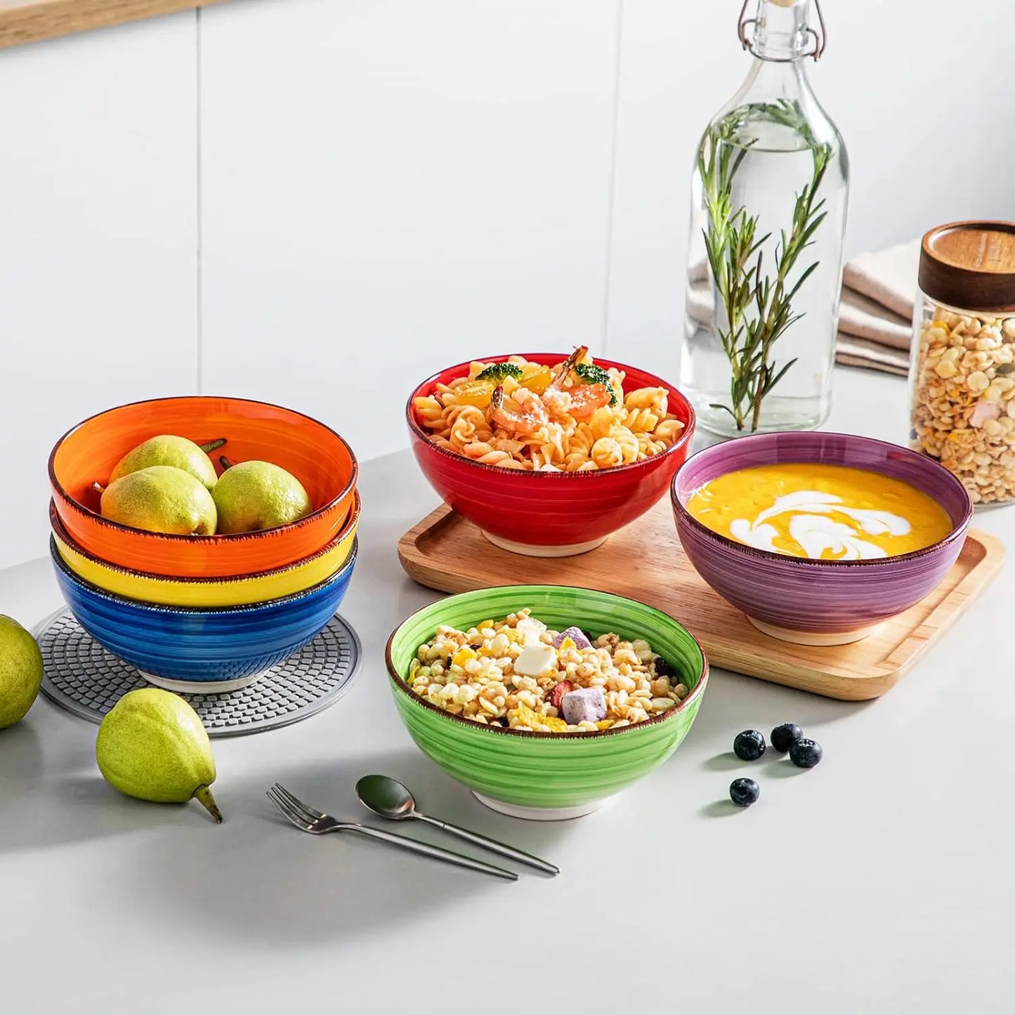 Six-Piece Colorful Ceramic Soup Bowls Set Microwave Dishwasher Safe