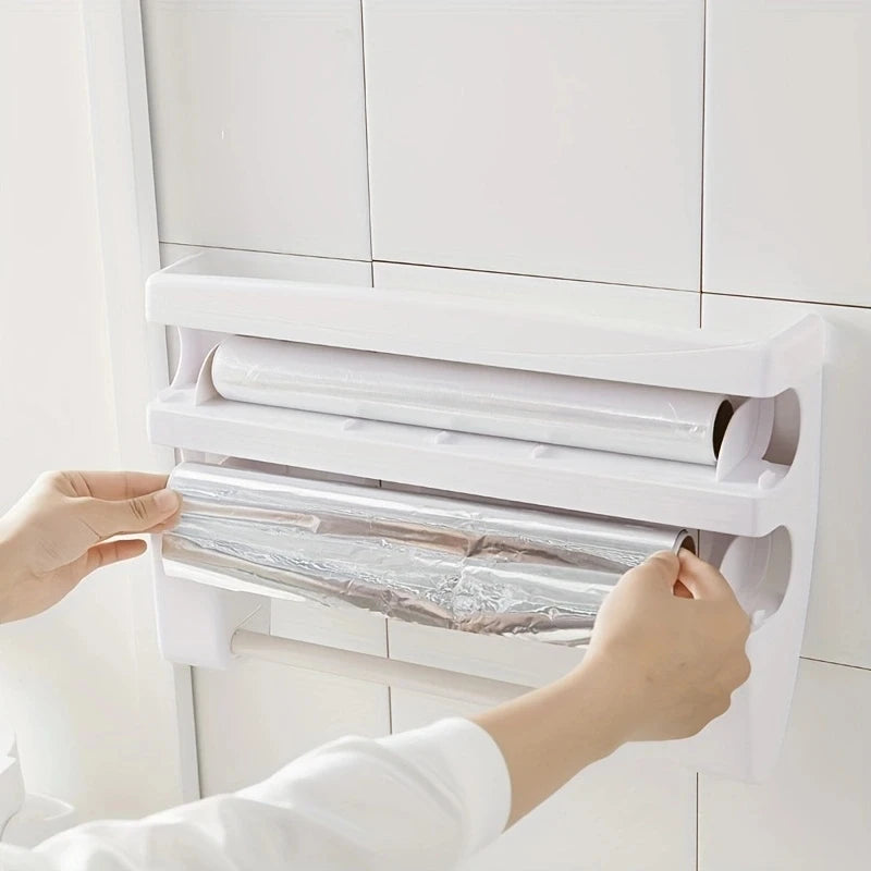 Kitchen Cling Film Organizer With Tin Foil Cutter And Paper Towel Holder
