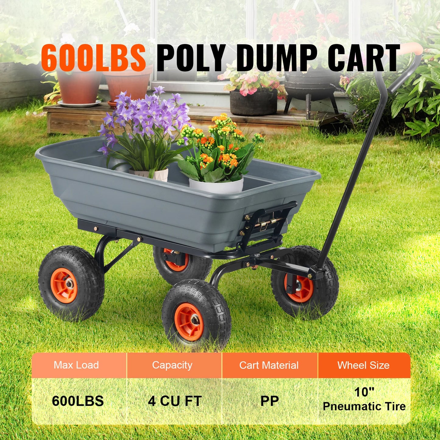 SucceBuy Poly Garden Dump Cart With Steel Frame And Handle