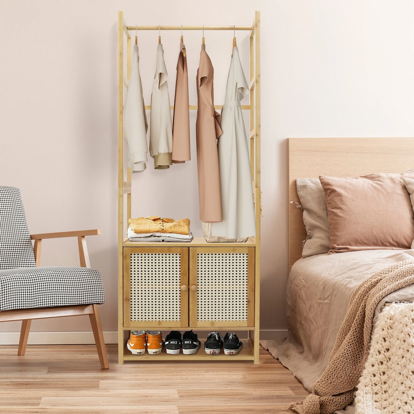 NONEDrawer Bamboo Clothes Rack With Cabinet And Shelves