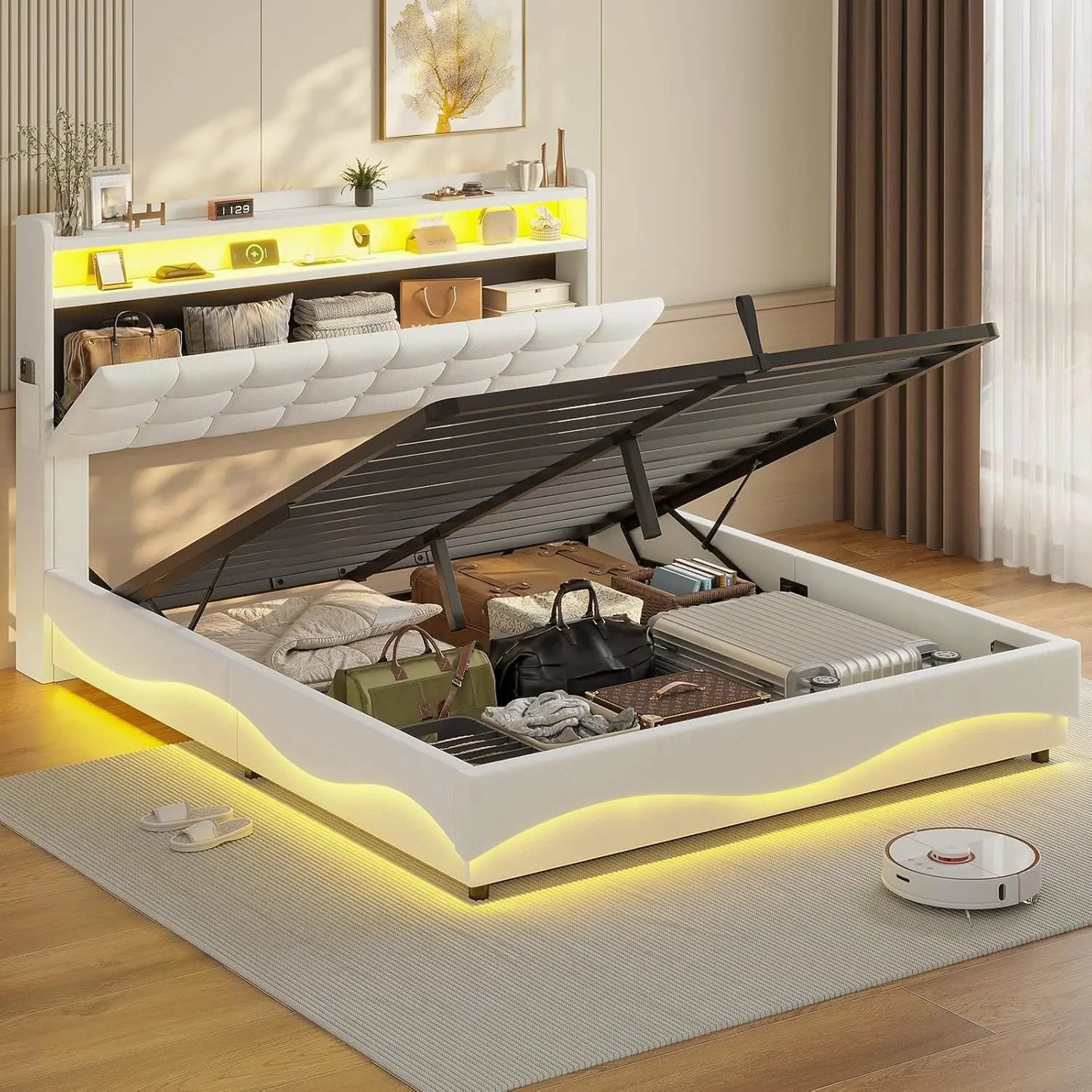 Lift Up Storage Bed Frame With Hidden Headboard Type-C Charging