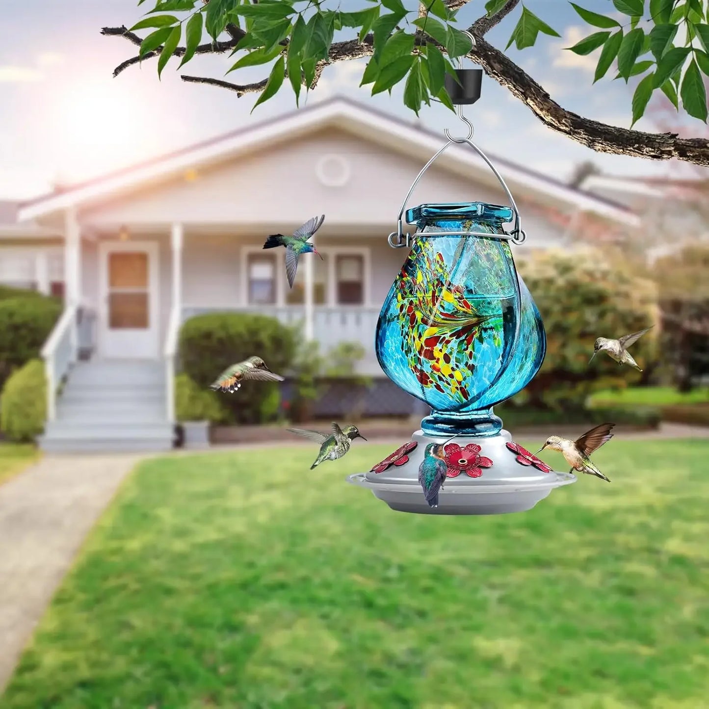 Hummingbird Feeder Hand Blown Glass Outdoor With Ant Moat
