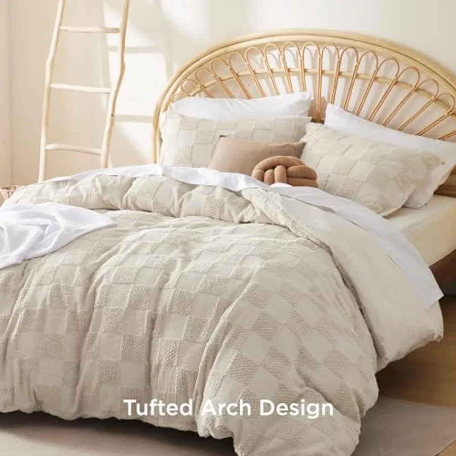 Boho Duvet Cover Checkered Embroidered Knit Jacquard Polyester Cotton