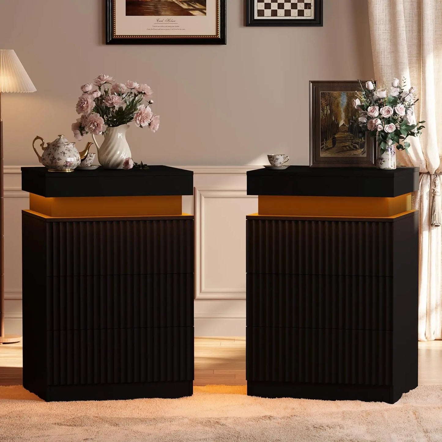 Nightstands 2-Pack with LED Charging Station, Mid Century Modern
