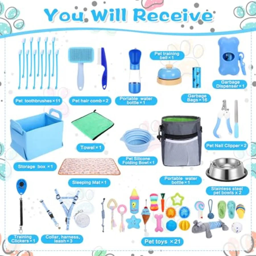 65 Piece Puppy Supplies Starter Kit With Leash Toys Bowls