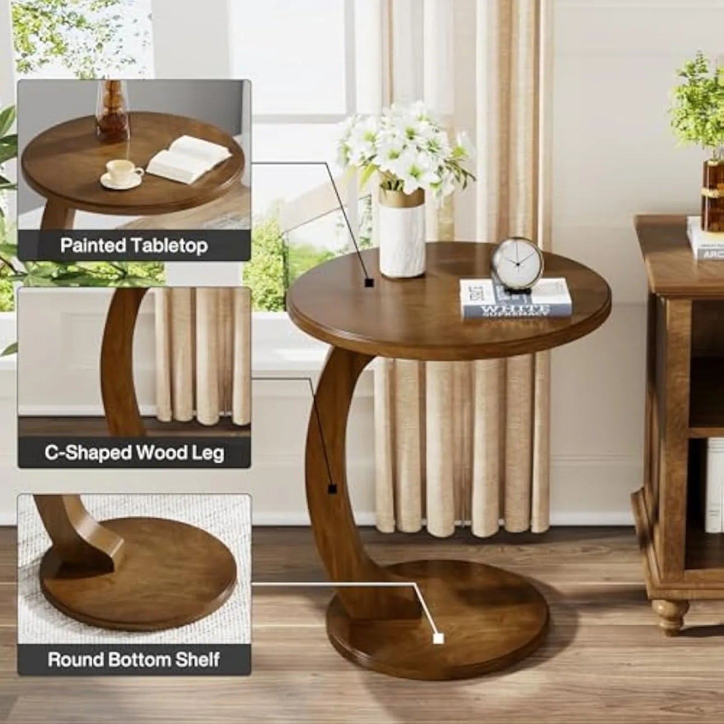 Little Tree Mid Century C Shaped Wood End Table Living