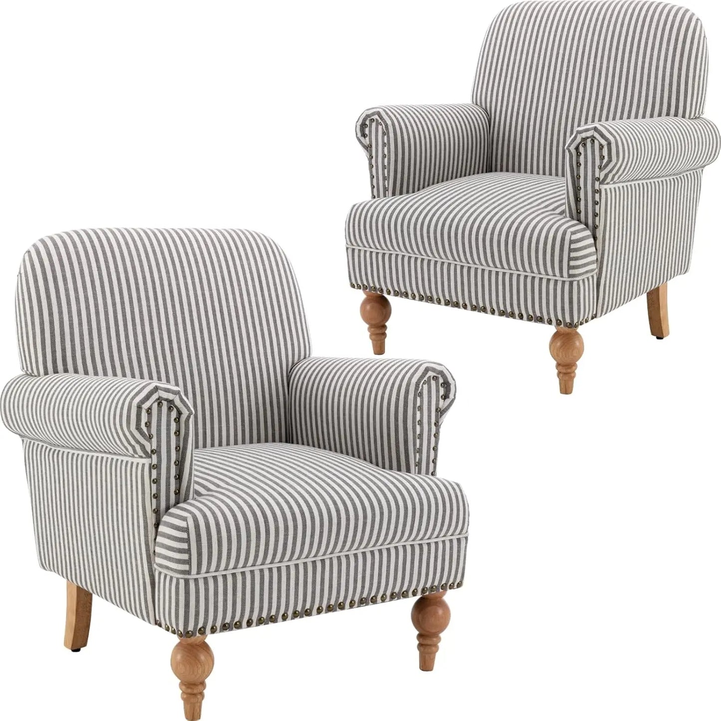 Striped Linen Accent Chairs Set of 2 Modern Farmhouse Upholstered Armchairs