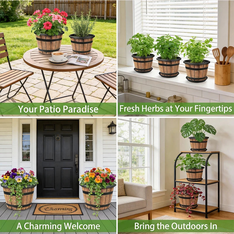 Indoor Resin Barrel Planter for Balcony and Home Office