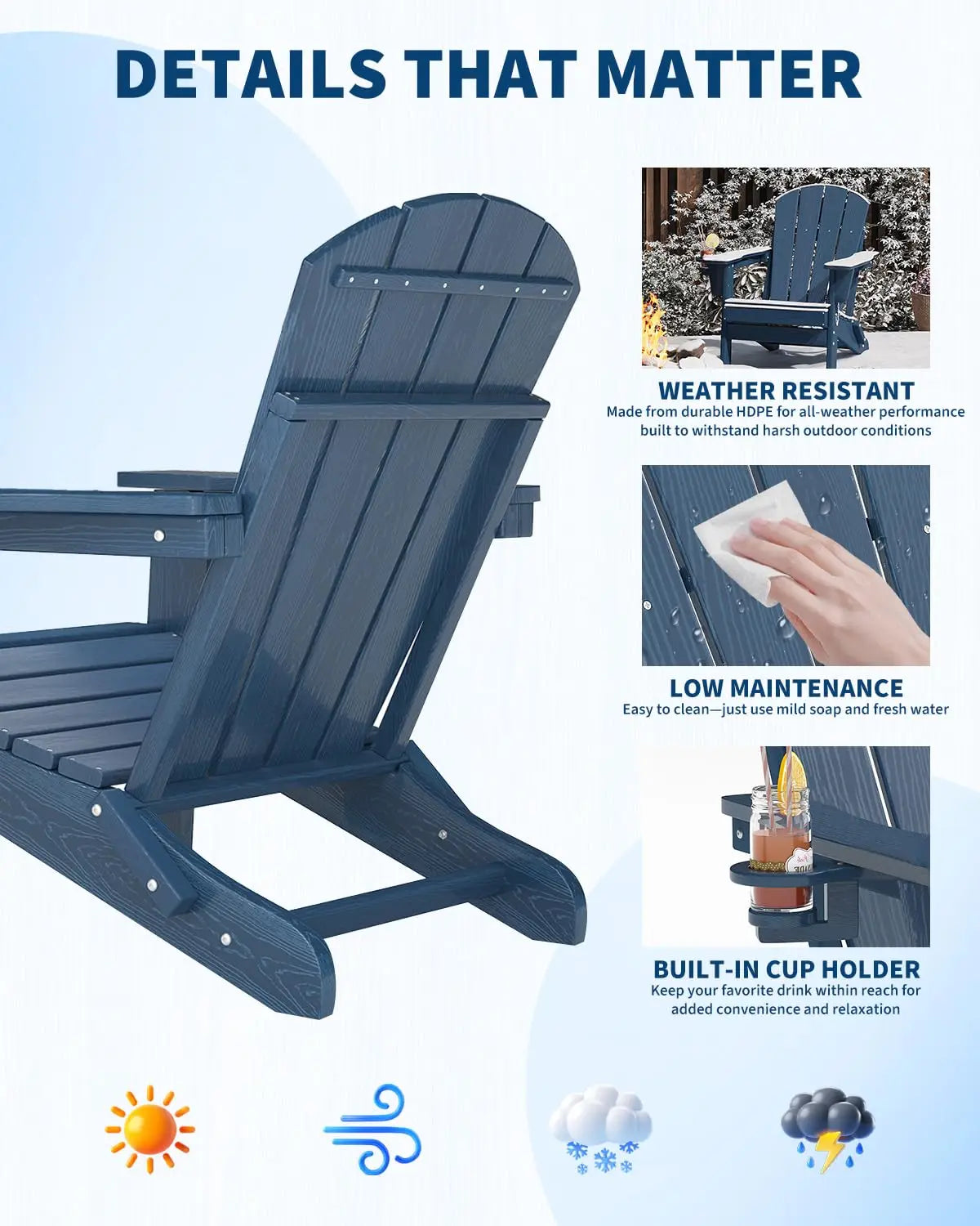 HiMISS Folding Adirondack Chair With Cup Holder All Weather HDPE