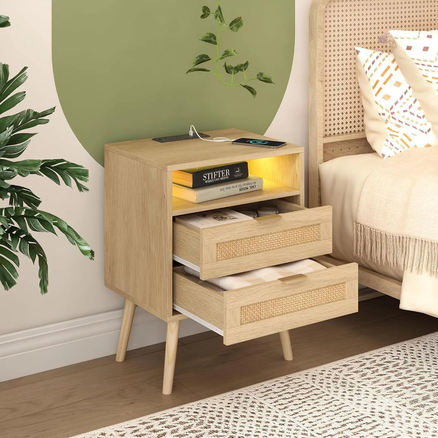 MOYU Rattan Nightstands, Set of 2 With Charging Station