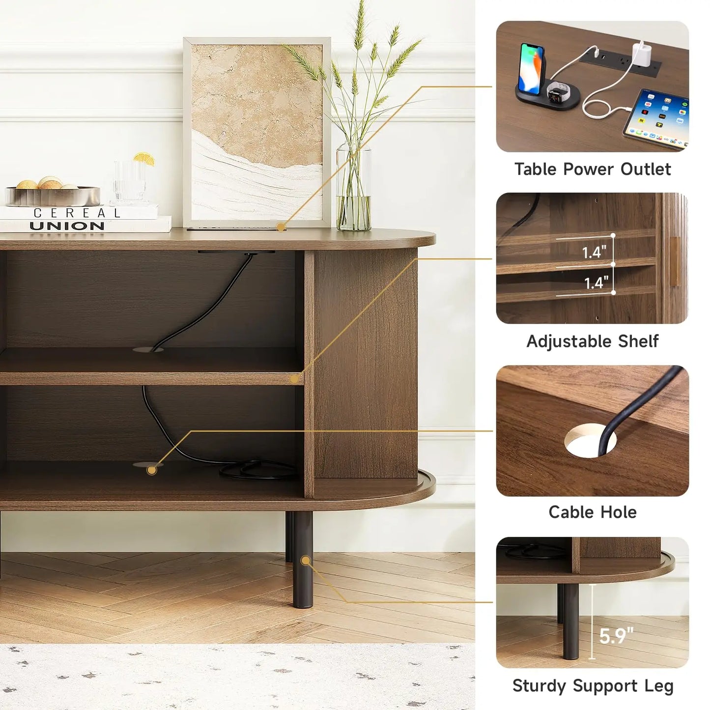 ONBRILL TV Stand With Power Outlet And Adjustable Shelves