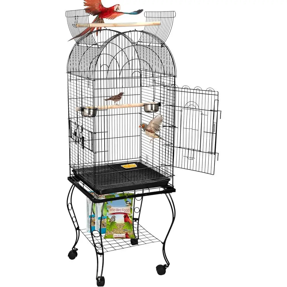 Open-Top Wrought Iron Bird Cage With Slide-Out Tray Stand