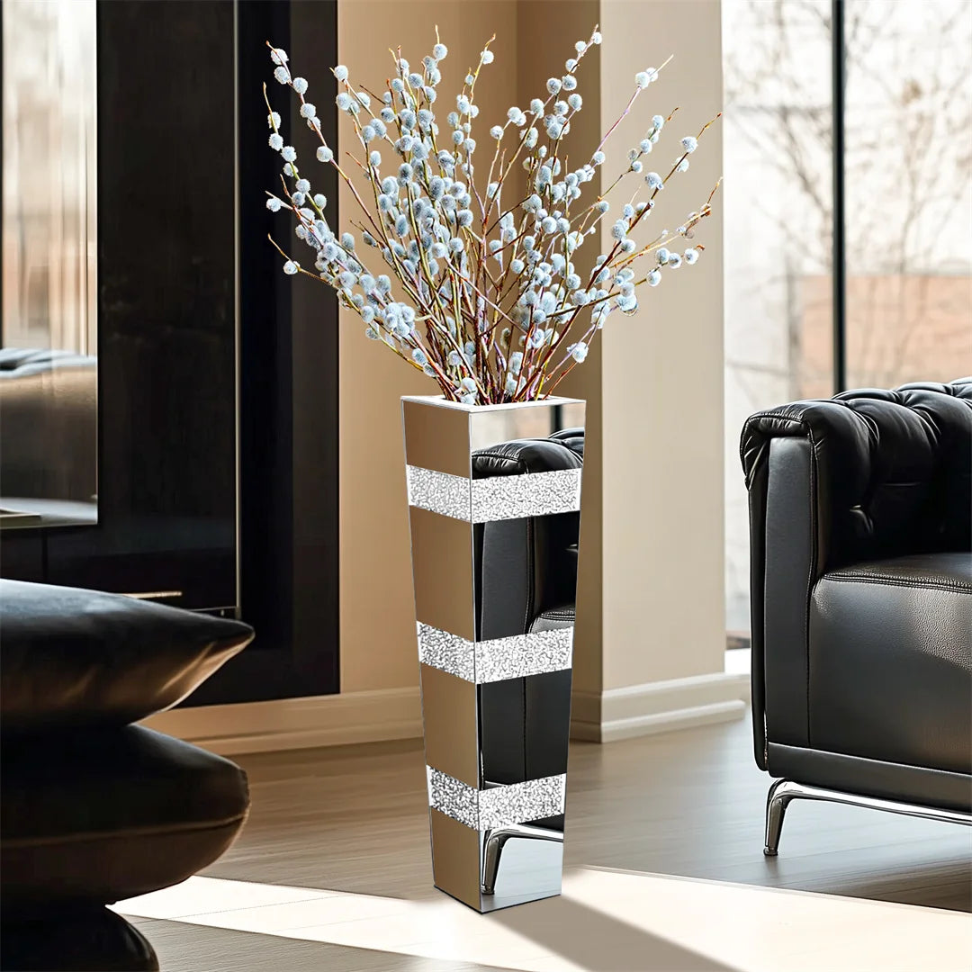 Modern Floor Crystal Glass Mirrored Flower Vase Decorative Standing