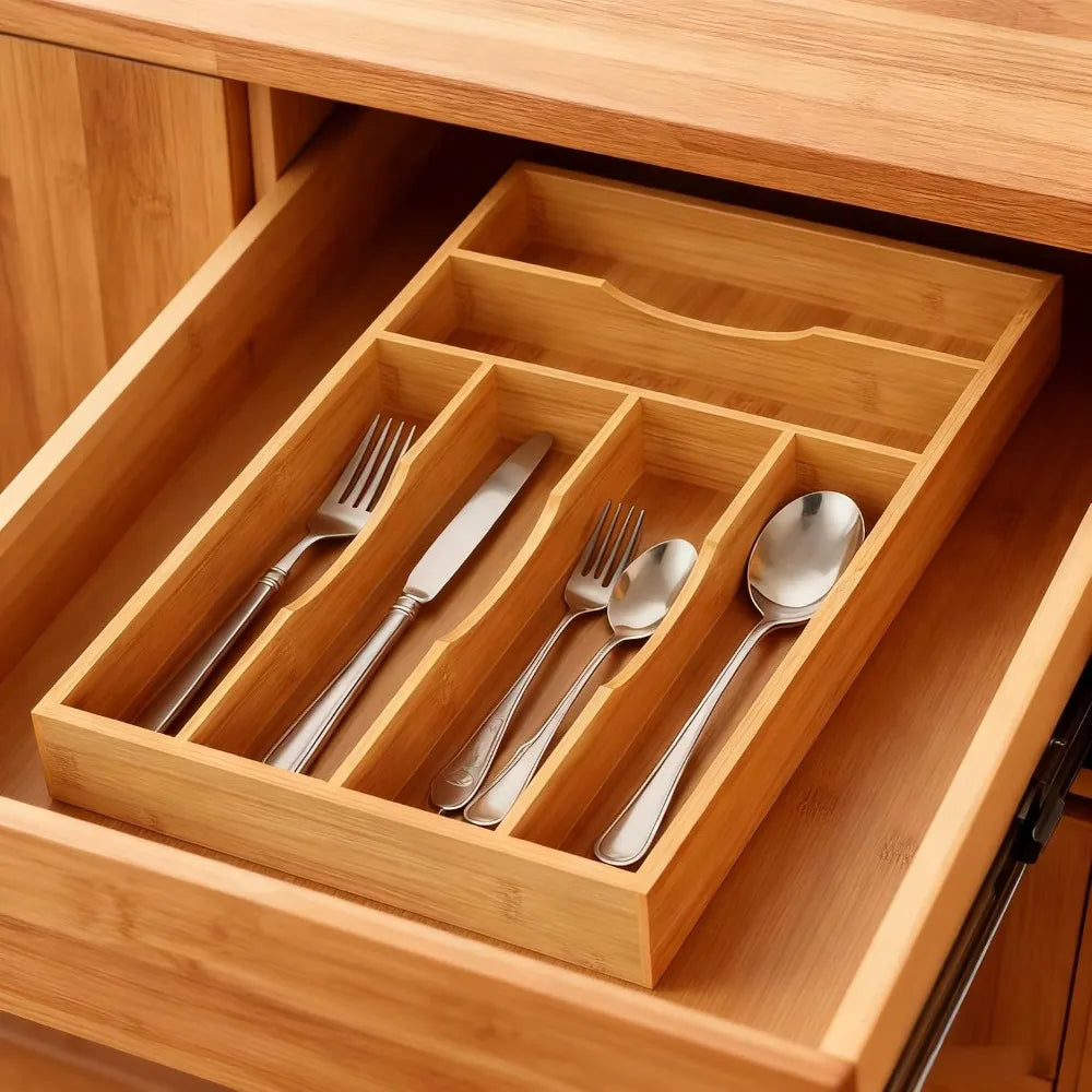 Bamboo Silverware Organizer 6 Slot Drawer Tray For Kitchen Utensils
