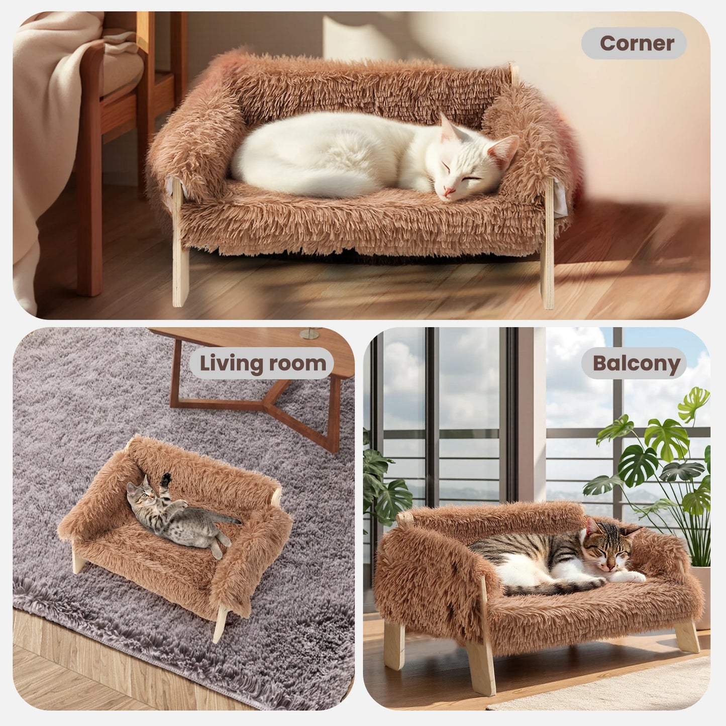 Raised Plush Cat Sofa Bed With Sturdy Wooden Legs For Indoor Cats