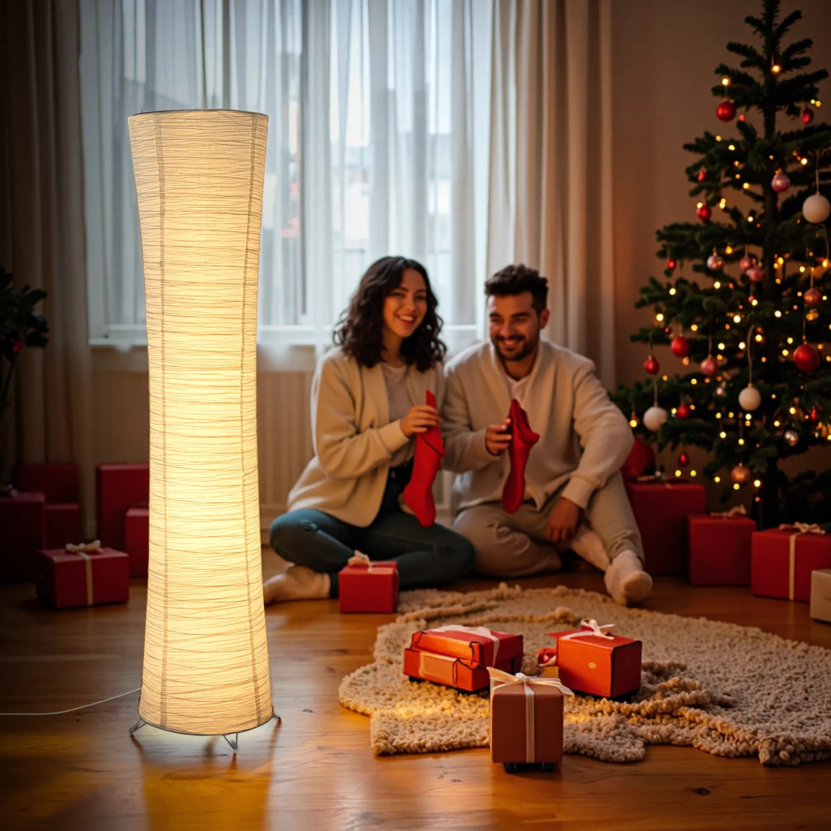 Paper Floor Lamp With Metallic Finish And LED Light Strip