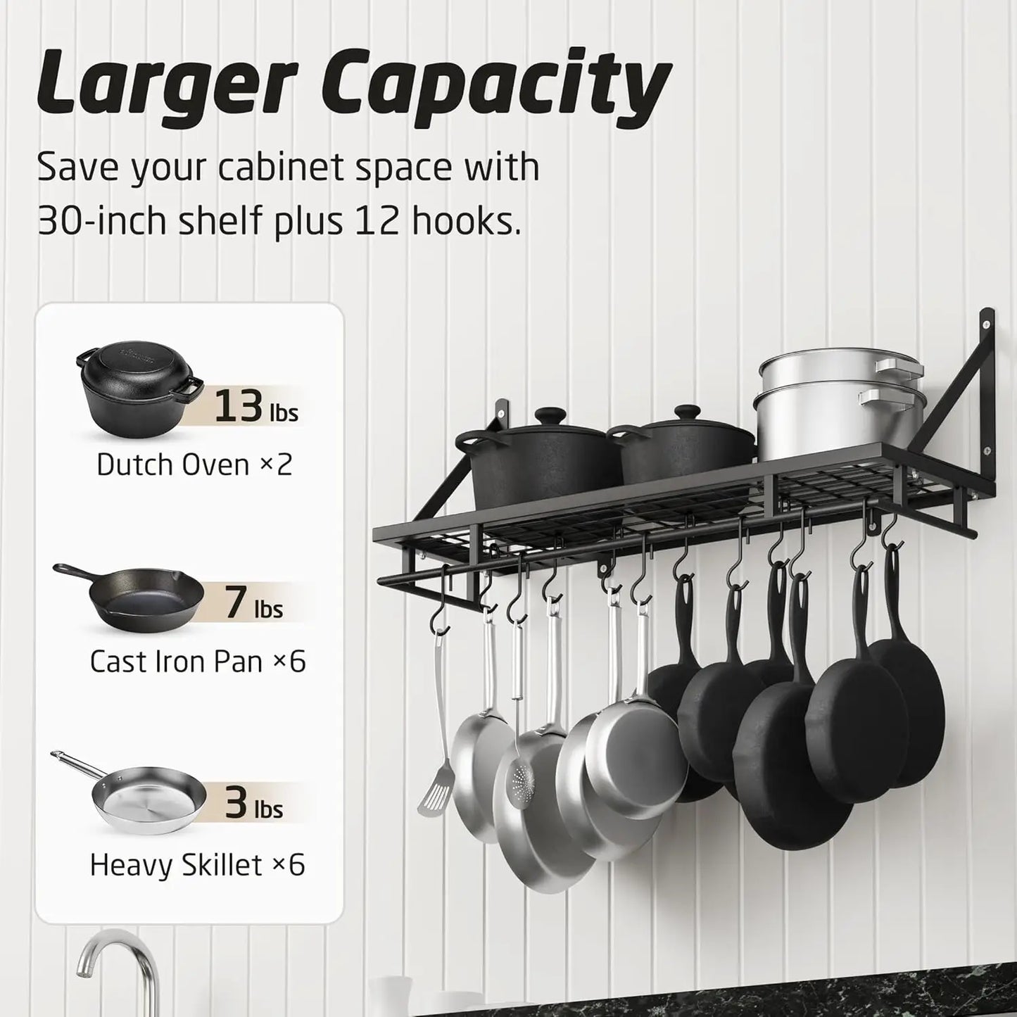 Wall Mounted Kitchen Pan Rack With Hooks Space Saving Organizer