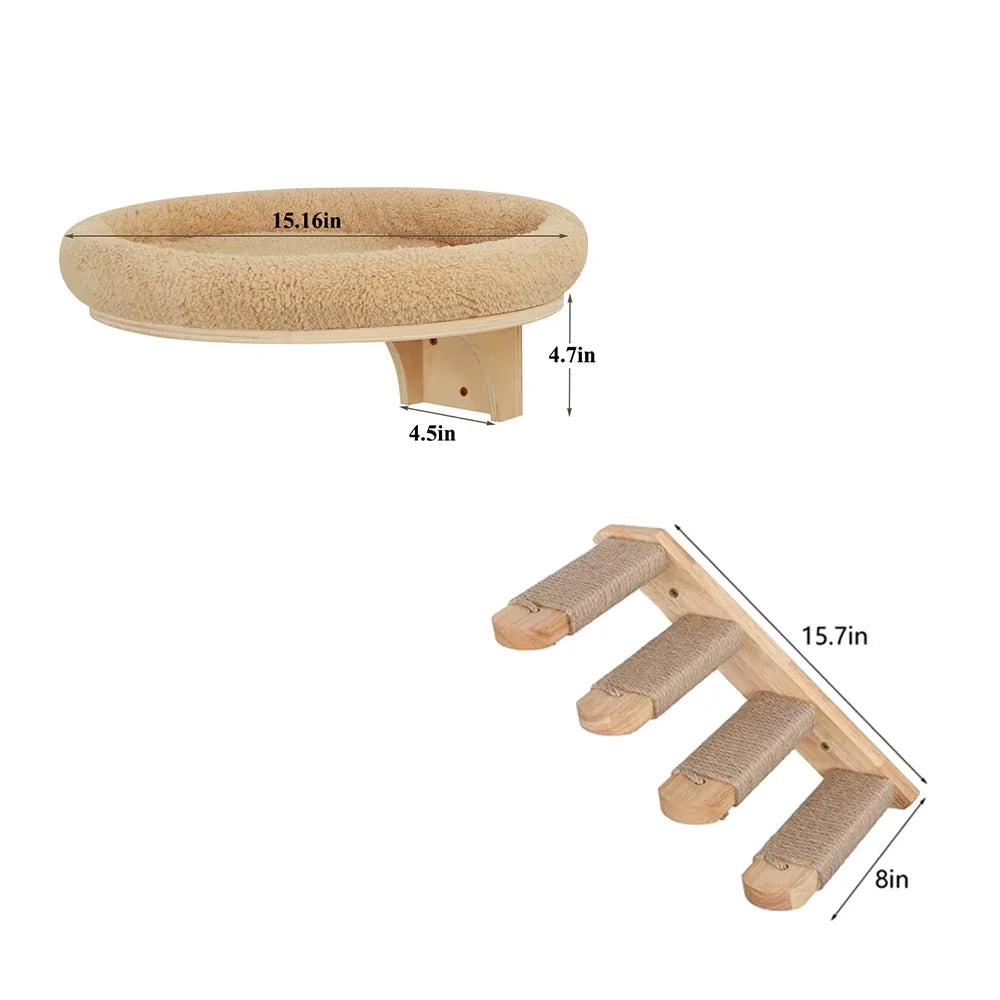 Cat Wall Mounted Solid Wooden Climbing Ladder Hammock Scratching Post