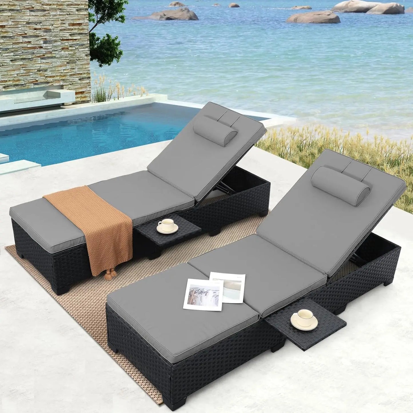 Outdoor Chaise Lounge Chairs Set Of 2 Wicker Recliners Adjustable