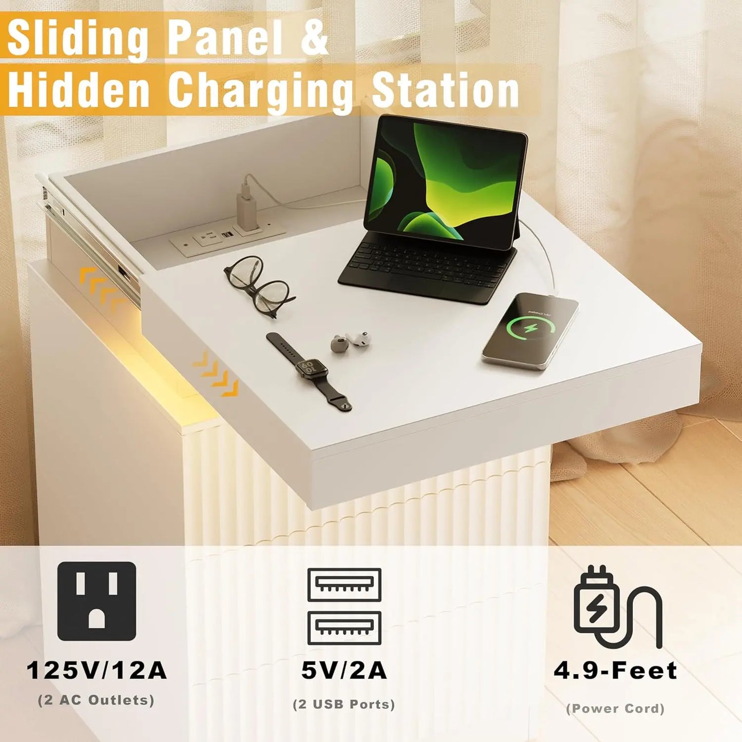 Nightstands 2-Pack with LED Charging Station, Mid Century Modern