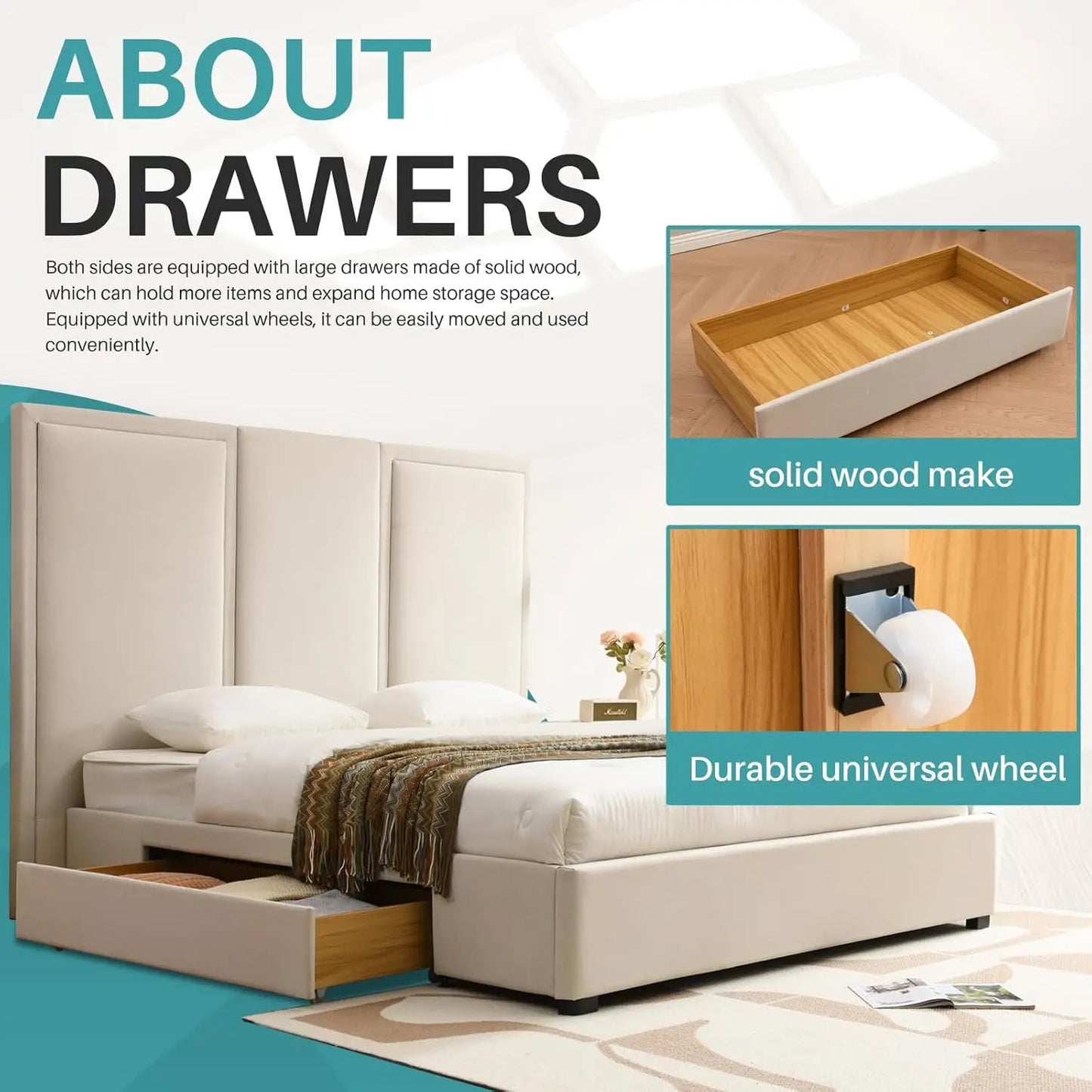 Upholstered Platform Bed With Tall Headboard And Wood Slats