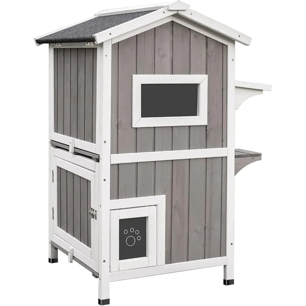 Outdoor Cat Shelter Two-Story Wooden Feral Cat House Openable Roof