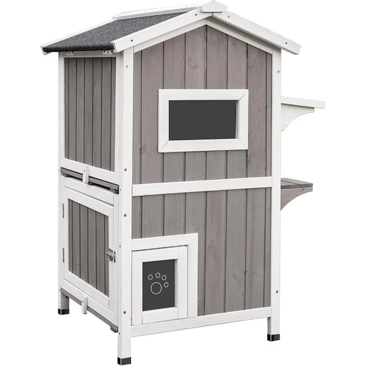 Outdoor Cat Shelter Two-Story Wooden Feral Cat House Openable Roof