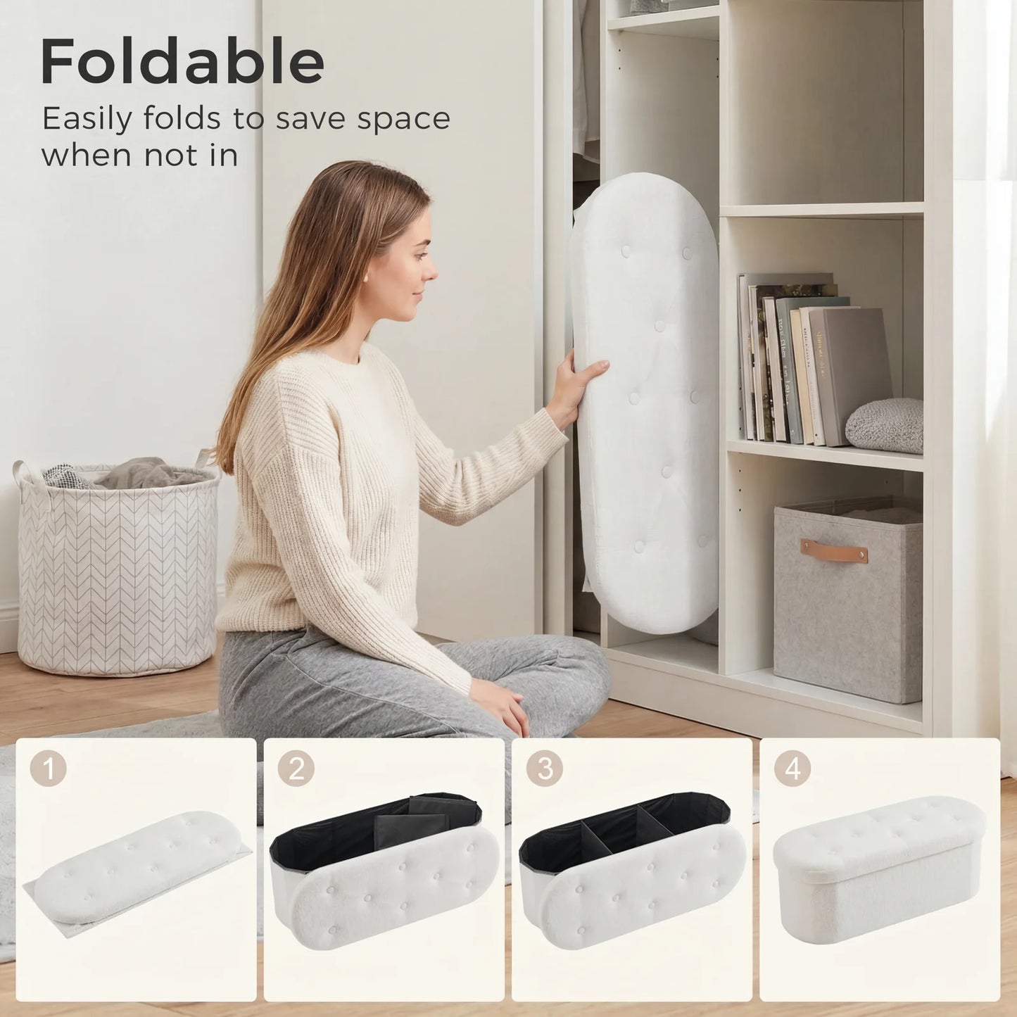 JHK Folding Storage Ottoman Bench With Cushion And Lid