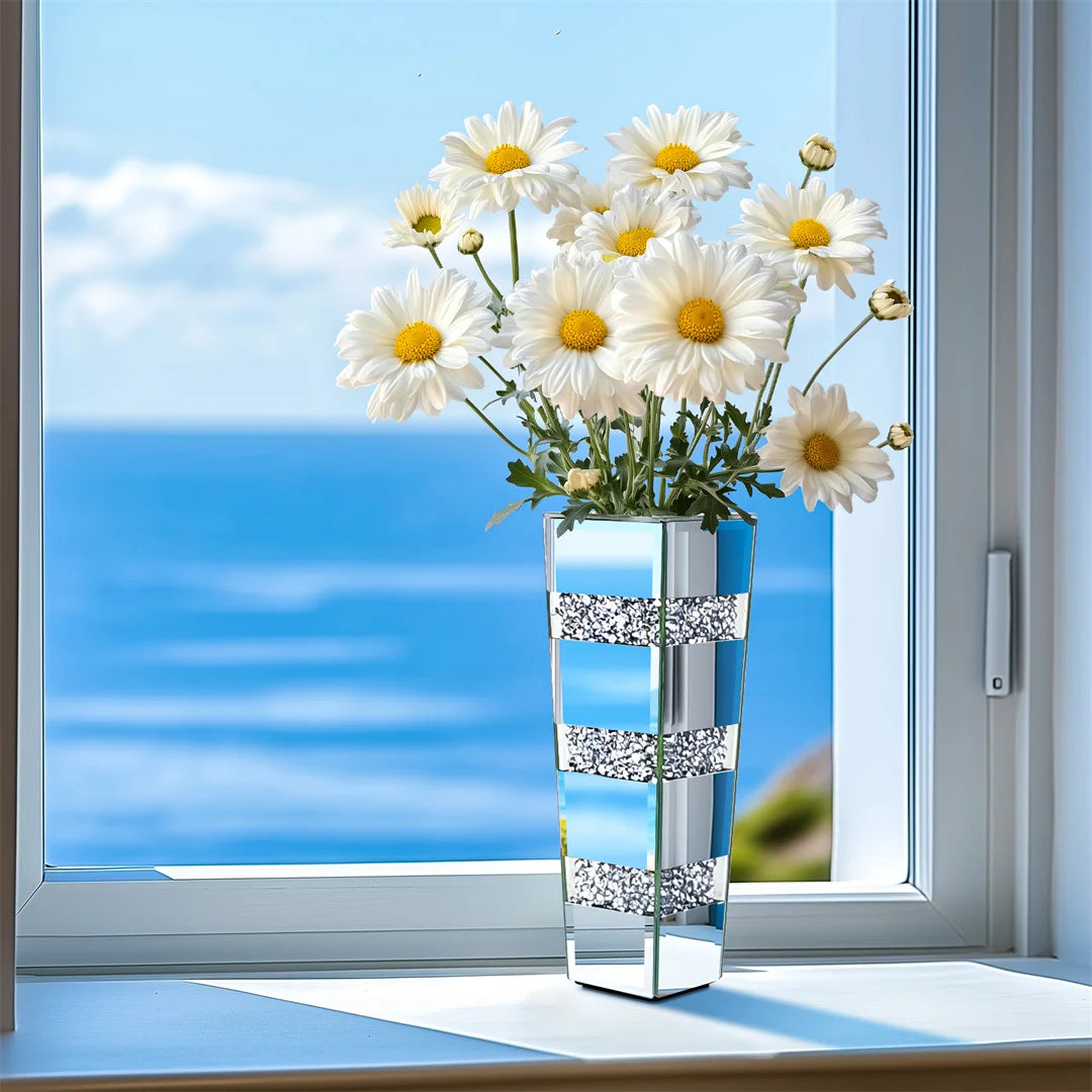 Modern Floor Crystal Glass Mirrored Flower Vase Decorative Standing
