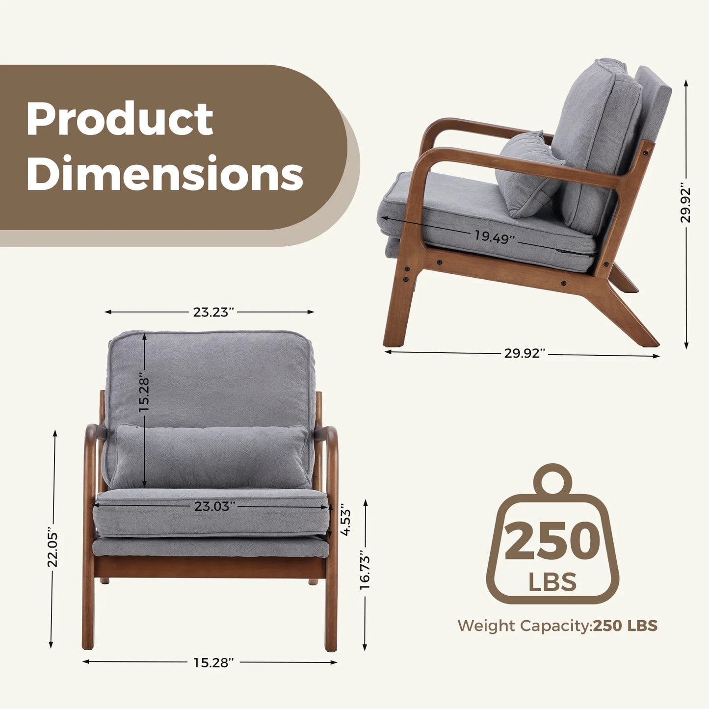 JHK Mid Century Modern Armchair With Wooden Frame
