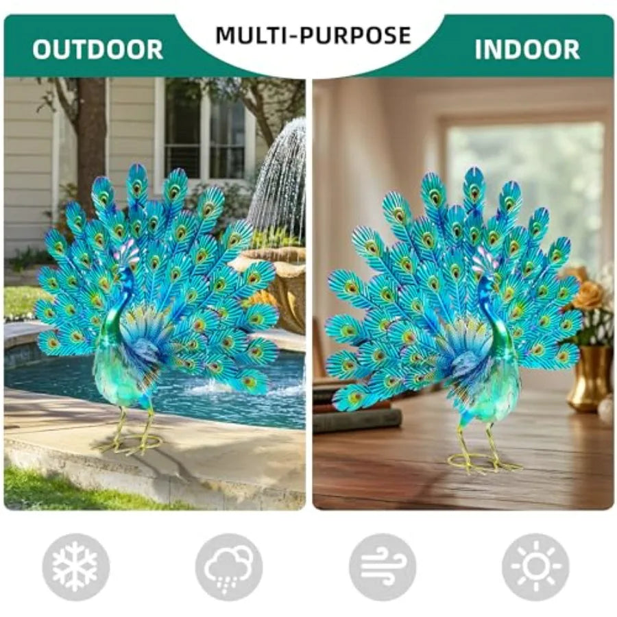 Metal Peacock Garden Statue With Tail Spread Handmade 3D Textured