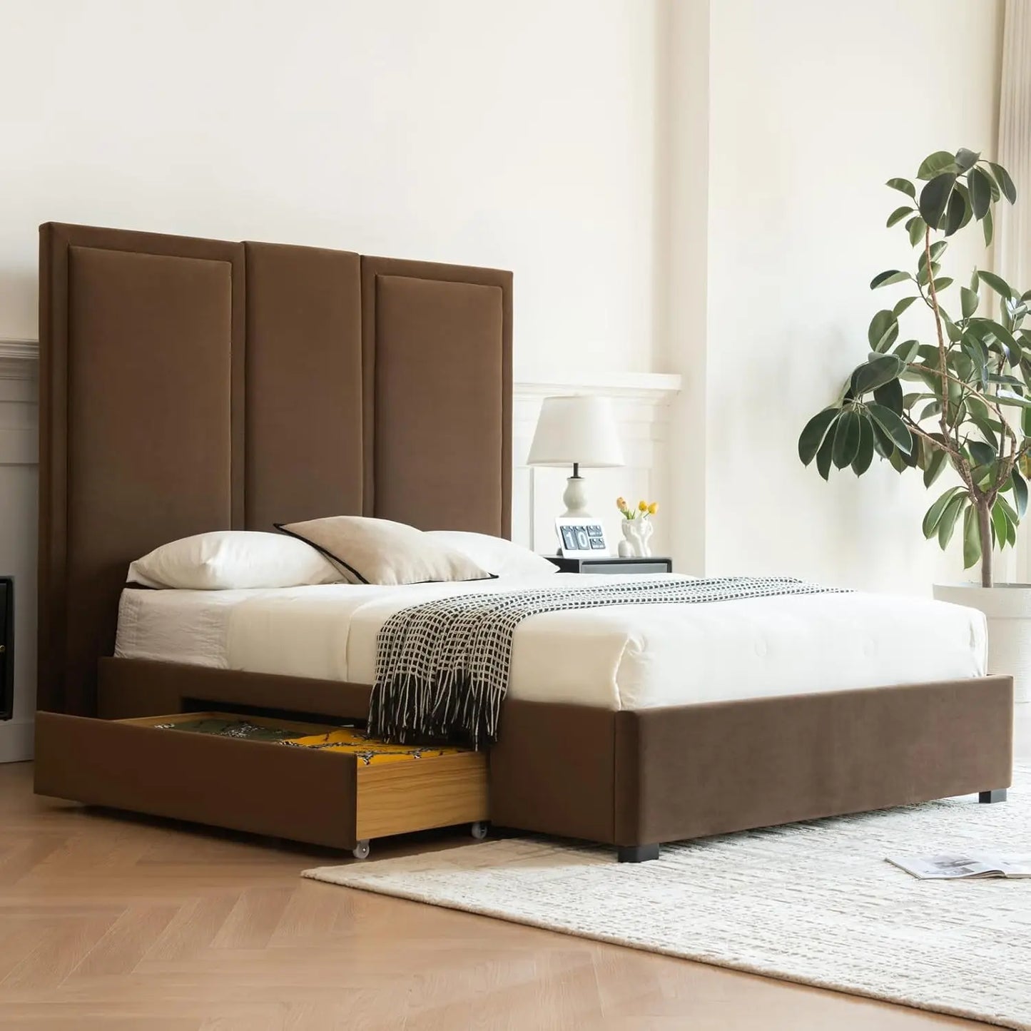 Upholstered Platform Bed With Tall Headboard And Wood Slats