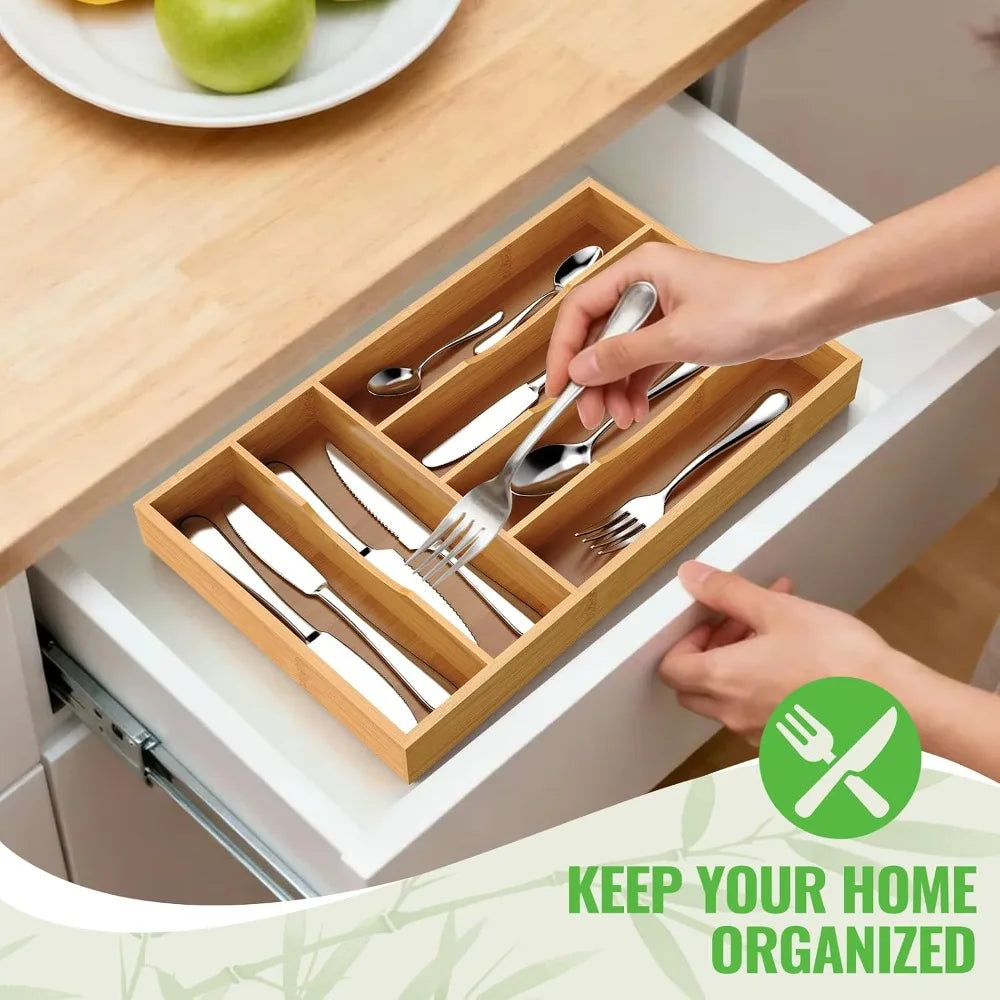 Bamboo Silverware Organizer 6 Slot Drawer Tray For Kitchen Utensils