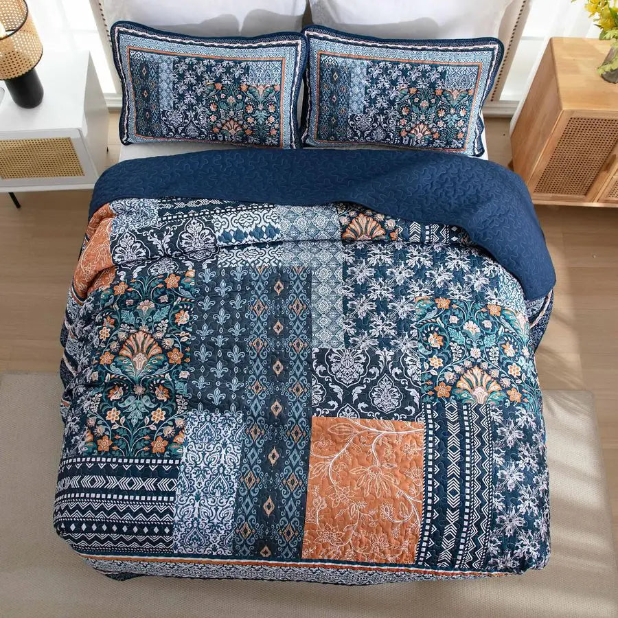 Patchwork Bohemian Quilt Set Reversible Floral Bedding