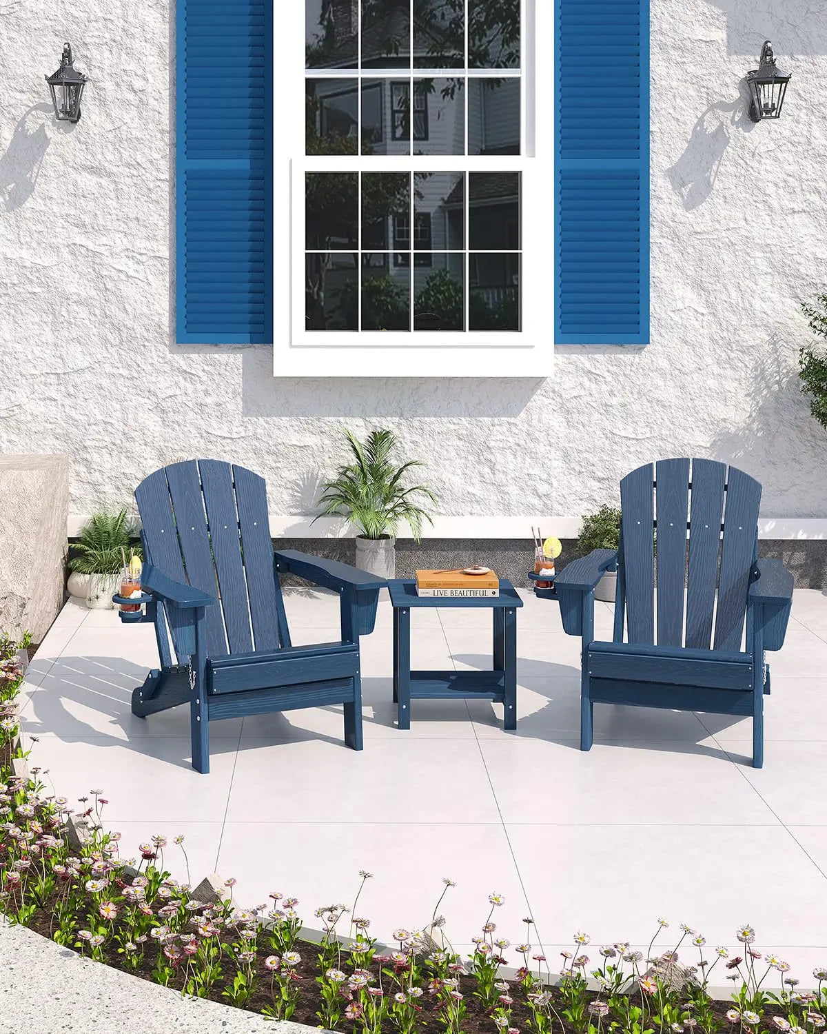 HiMISS Folding Adirondack Chair With Cup Holder All Weather HDPE