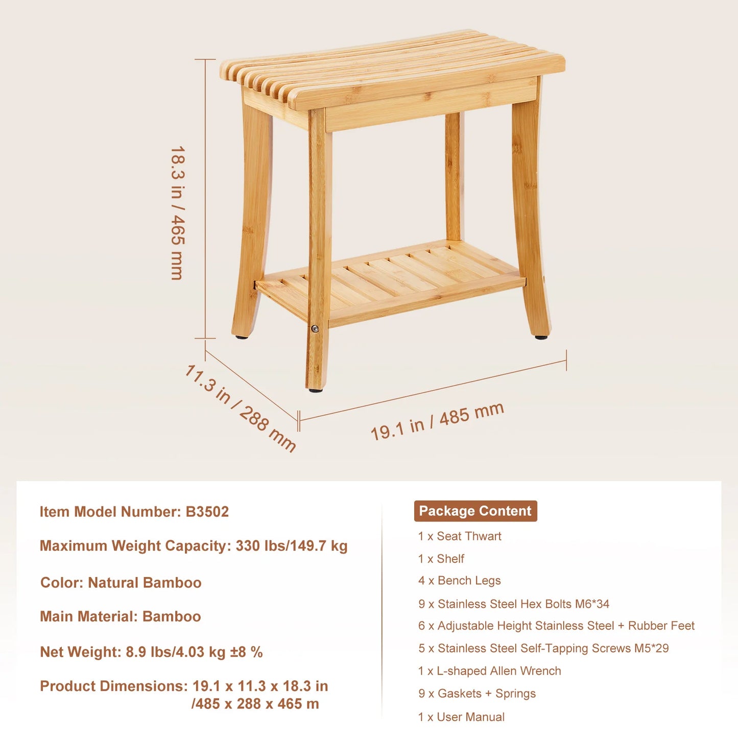SucceBuy Bamboo Shower Bench With Storage Shelf 330lbs Capacity